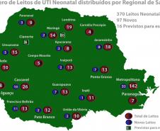 Mapa dos novos leitos de Unidades de Terapias Intensiva (UTI) Neonatal no Estado do Paraná.
