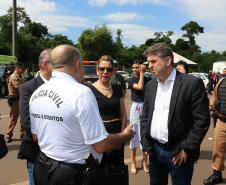 A praça de pedágio em São Miguel do Iguaçu, no Oeste do Paraná, foi o local escolhido para o lançamento de mais uma fase da Operação Muralha, de reforço da proteção na área de fronteira. Liderada pela Receita Federal, a Operação terá a participação de mais de 350 profissionais, de diferentes forças de segurança. O lançamento foi nesta terça-feira (30).  -  Foto: Divulgação Polícia Civil do Paraná