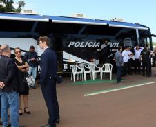 A praça de pedágio em São Miguel do Iguaçu, no Oeste do Paraná, foi o local escolhido para o lançamento de mais uma fase da Operação Muralha, de reforço da proteção na área de fronteira. Liderada pela Receita Federal, a Operação terá a participação de mais de 350 profissionais, de diferentes forças de segurança. O lançamento foi nesta terça-feira (30).  -  Foto: Divulgação Polícia Civil do Paraná