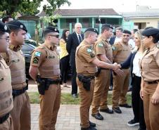 A governadora Cida Borghetti inaugura a terceira Unidade Paraná Seguro (UPS) da Polícia Militar em Cascavel, localizada no bairro Santa Cruz. A obra, viabilizada com recursos municipais e apoio da comunidade local, será mais um ponto destacado do 6º Batalhão de Polícia Militar para a atuação efetiva em segurança pública, principalmente no policiamento comunitário.  -  Cascavel, 08/11/2018  -  Foto: Orlando Kissner/ANPr