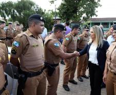 A governadora Cida Borghetti inaugura a terceira Unidade Paraná Seguro (UPS) da Polícia Militar em Cascavel, localizada no bairro Santa Cruz. A obra, viabilizada com recursos municipais e apoio da comunidade local, será mais um ponto destacado do 6º Batalhão de Polícia Militar para a atuação efetiva em segurança pública, principalmente no policiamento comunitário.  -  Cascavel, 08/11/2018  -  Foto: Orlando Kissner/ANPr