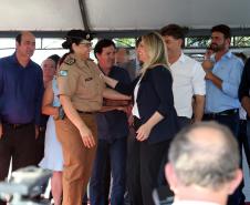 A governadora Cida Borghetti inaugura a terceira Unidade Paraná Seguro (UPS) da Polícia Militar em Cascavel, localizada no bairro Santa Cruz. A obra, viabilizada com recursos municipais e apoio da comunidade local, será mais um ponto destacado do 6º Batalhão de Polícia Militar para a atuação efetiva em segurança pública, principalmente no policiamento comunitário.  -  Cascavel, 08/11/2018  -  Foto: Orlando Kissner/ANPr