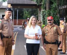 Governadora Cida Borghetti entrega viaturas para 9ª Companhia da Polícia Militar em Maringá, junto com a Comandante-geral da Policia Militar do Paraná, a coronel Audilene Dias Rocha.  -  Maringá, 30/11/2018Foto: Rogério Machado/SECS