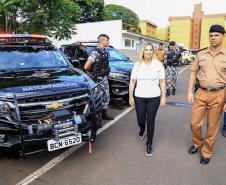 Governadora Cida Borghetti entrega viaturas para 9ª Companhia da Polícia Militar em Maringá, junto com a Comandante-geral da Policia Militar do Paraná, a coronel Audilene Dias Rocha.  -  Maringá, 30/11/2018Foto: Rogério Machado/SECS