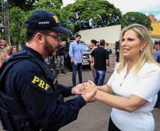 Governadora Cida Borghetti entrega viaturas para 9ª Companhia da Polícia Militar em Maringá, junto com a Comandante-geral da Policia Militar do Paraná, a coronel Audilene Dias Rocha.  -  Maringá, 30/11/2018Foto: Rogério Machado/SECS