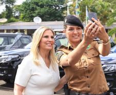 Governadora Cida Borghetti entrega viaturas para 9ª Companhia da Polícia Militar em Maringá, junto com a Comandante-geral da Policia Militar do Paraná, a coronel Audilene Dias Rocha.  -  Maringá, 30/11/2018Foto: Rogério Machado/SECS