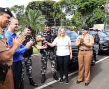 Governadora Cida Borghetti entrega viaturas para 9ª Companhia da Polícia Militar em Maringá, junto com a Comandante-geral da Policia Militar do Paraná, a coronel Audilene Dias Rocha.  -  Maringá, 30/11/2018Foto: Rogério Machado/SECS