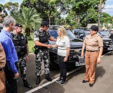 Governadora Cida Borghetti entrega viaturas para 9ª Companhia da Polícia Militar em Maringá, junto com a Comandante-geral da Policia Militar do Paraná, a coronel Audilene Dias Rocha.  -  Maringá, 30/11/2018Foto: Rogério Machado/SECS